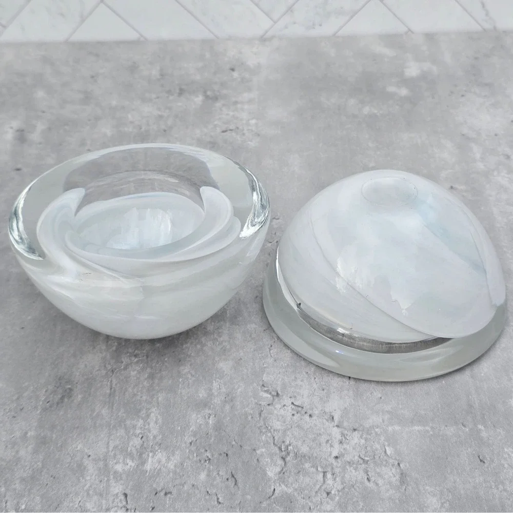 Heavy Art Glass Votive Candle Holders Set of 2 White Swirl Hurricane Design
